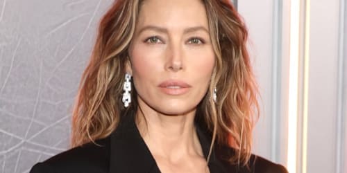 Jessica Biel steps out in sheer skirt and plunging blazer with nothing under it