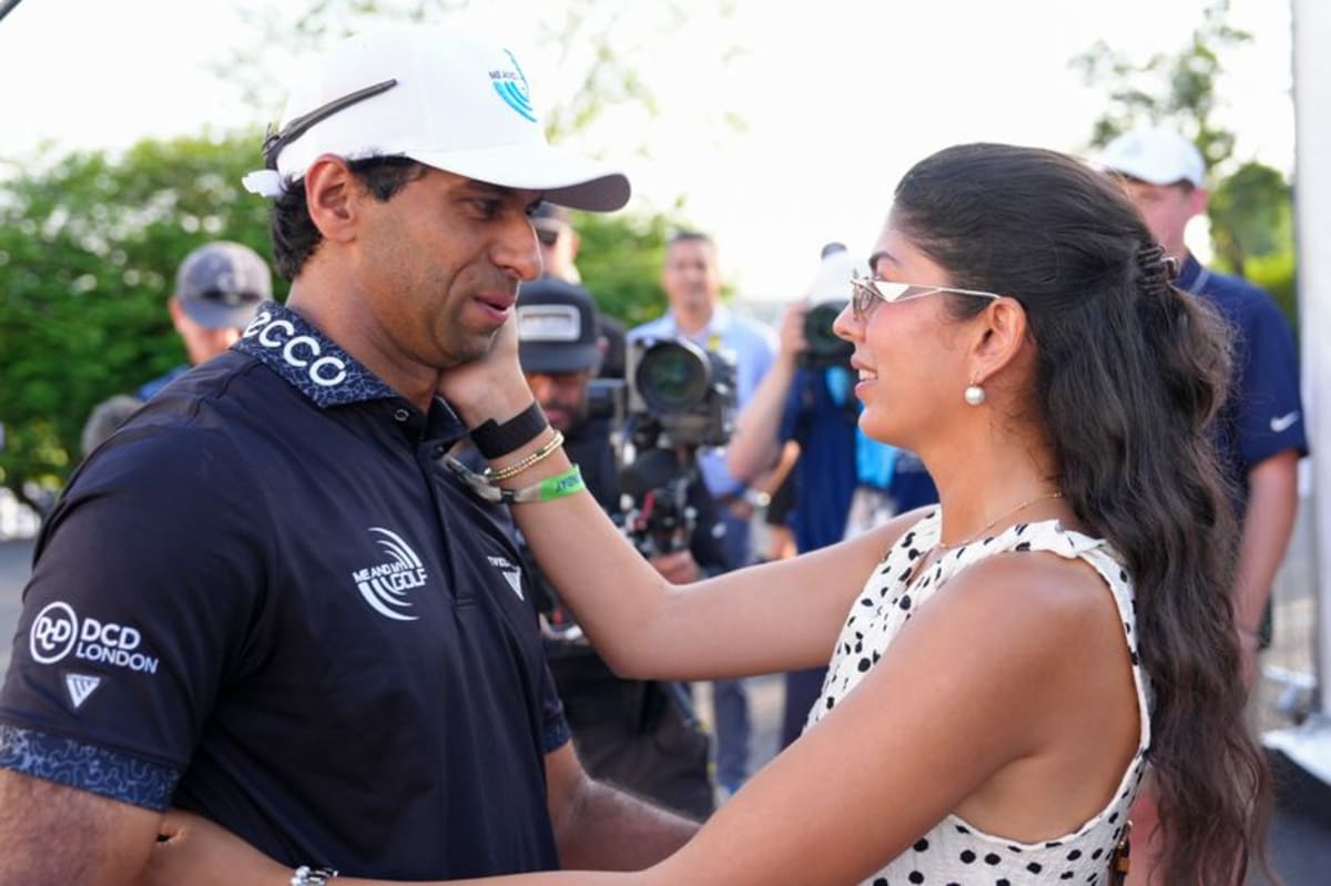 Aaron Rai emotionally embraces wife he has caddied for after PGA ...
