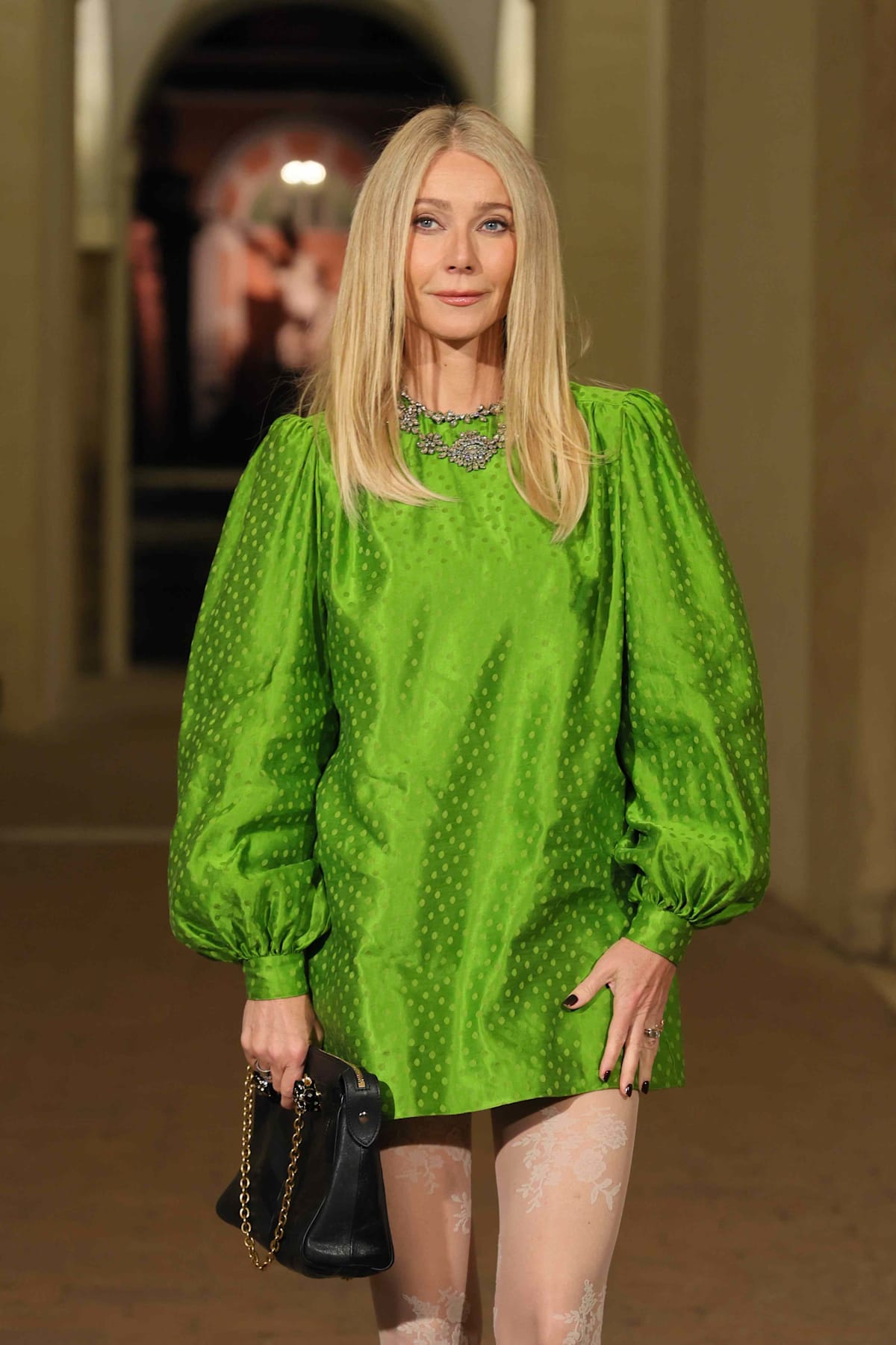 gwyneth paltrow green dress the politician Abandons Her Signature Look for a Lime and White Tights AL:2426