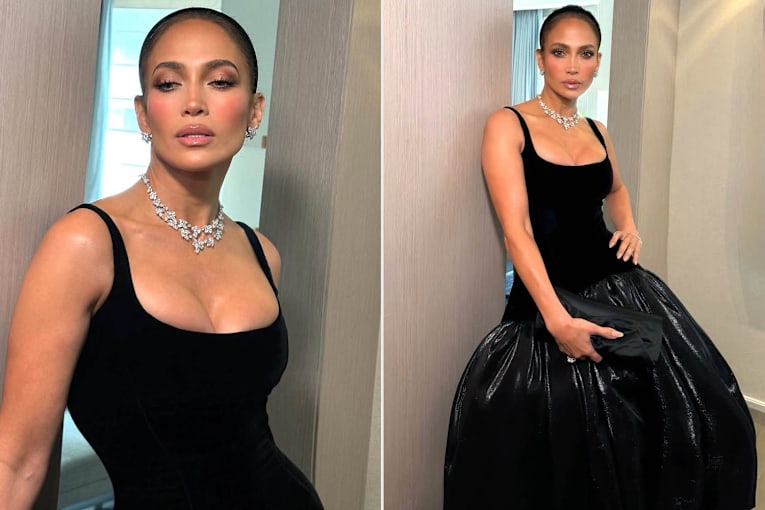 Jennifer Lopez wears dramatic black dress and dazzling bling to Taylor-Travis wedding