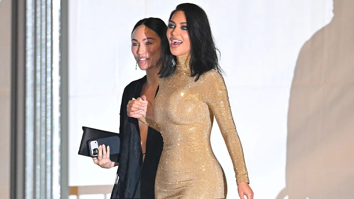kim kardashian gold dress fashion nova Kardashian's Gucci gown moment turns chaotic after stumble into bush fashion kim kardashian