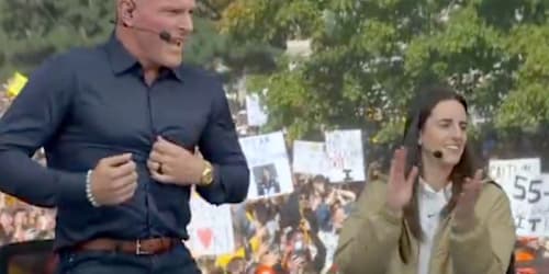 Watch: Pat McAfee's wardrobe malfunction with Caitlin Clark on hand is so awkward